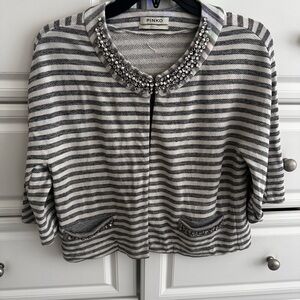 Pinko Gray and White Striped Cardigan with Beaded Collar and pockets
